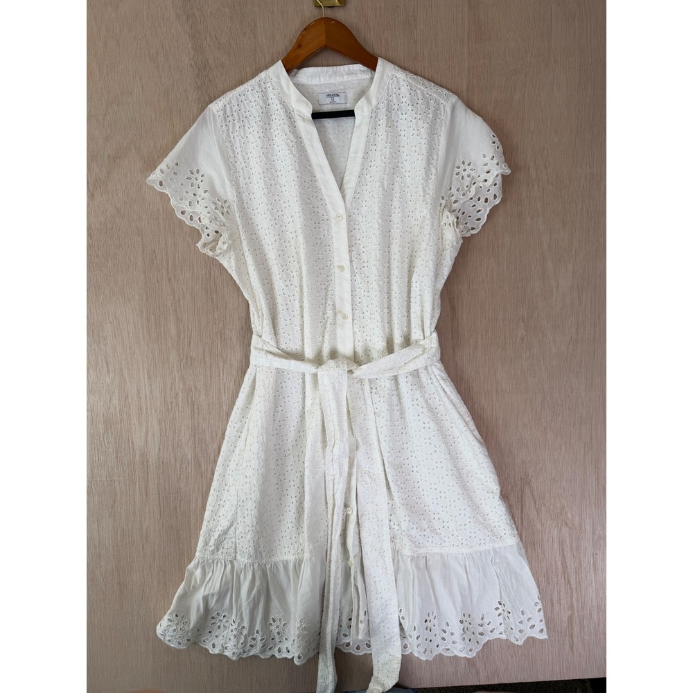 Untuckit for Her White Eyelet Lace Button Down Shirt Dress with Belt Size 12